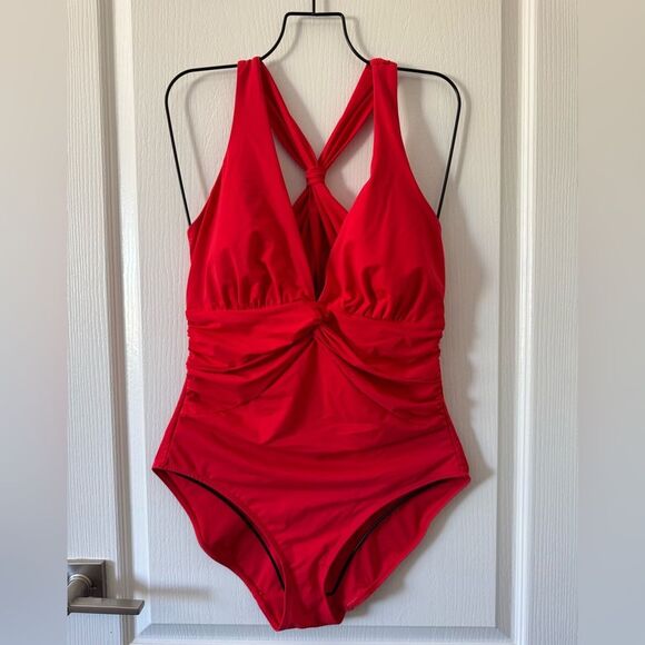SHAPELLX Tummy Control Swimsuit Women Ruched V Neck One Piece Red L NWT - Picture 2 of 10